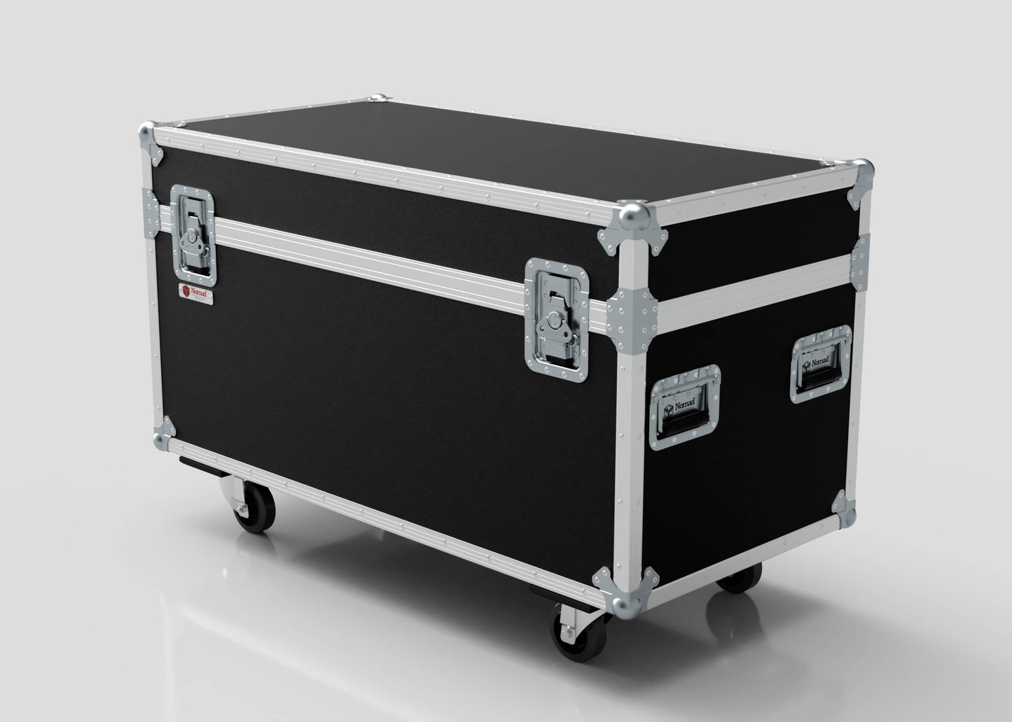 The 6 Way Chauvet Rogue Outcast 1 Beamwash Case is a large black equipment case with metal edges, handles, and latches on four wheels. Its external dimensions are 1197 x 602 x 763 mm, perfect for transporting sizable gear.