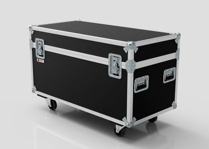 The 6 Way Chauvet Rogue Outcast 1 Beamwash Case is a large black equipment case with metal edges, handles, and latches on four wheels. Its external dimensions are 1197 x 602 x 763 mm, perfect for transporting sizable gear.