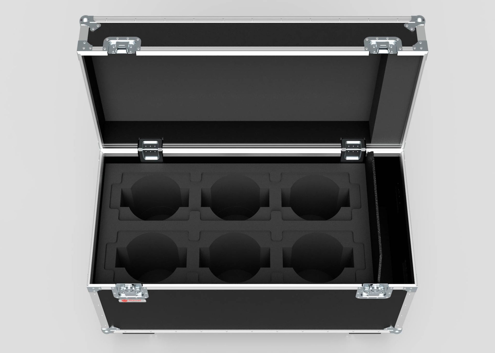A top view of the 6 Way Chauvet Rogue Outcast 1 Beamwash Case—an open black hard case with foam inserts for six round fixtures. Product size: 1197 x 602 x 763 mm.