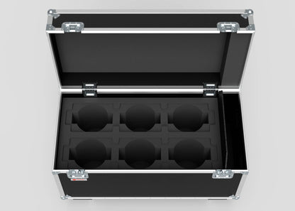 A top view of the 6 Way Chauvet Rogue Outcast 1 Beamwash Case—an open black hard case with foam inserts for six round fixtures. Product size: 1197 x 602 x 763 mm.