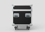 The 6 Way Chauvet Rogue Outcast 1 Beamwash Case, black with metal edges, two latches, handles, and four caster wheels, is shown against a plain light background; external dimensions: 1197 x 602 x 763 mm.