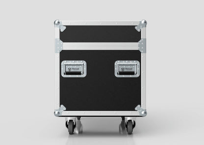 The 6 Way Chauvet Rogue Outcast 1 Beamwash Case, black with metal edges, two latches, handles, and four caster wheels, is shown against a plain light background; external dimensions: 1197 x 602 x 763 mm.
