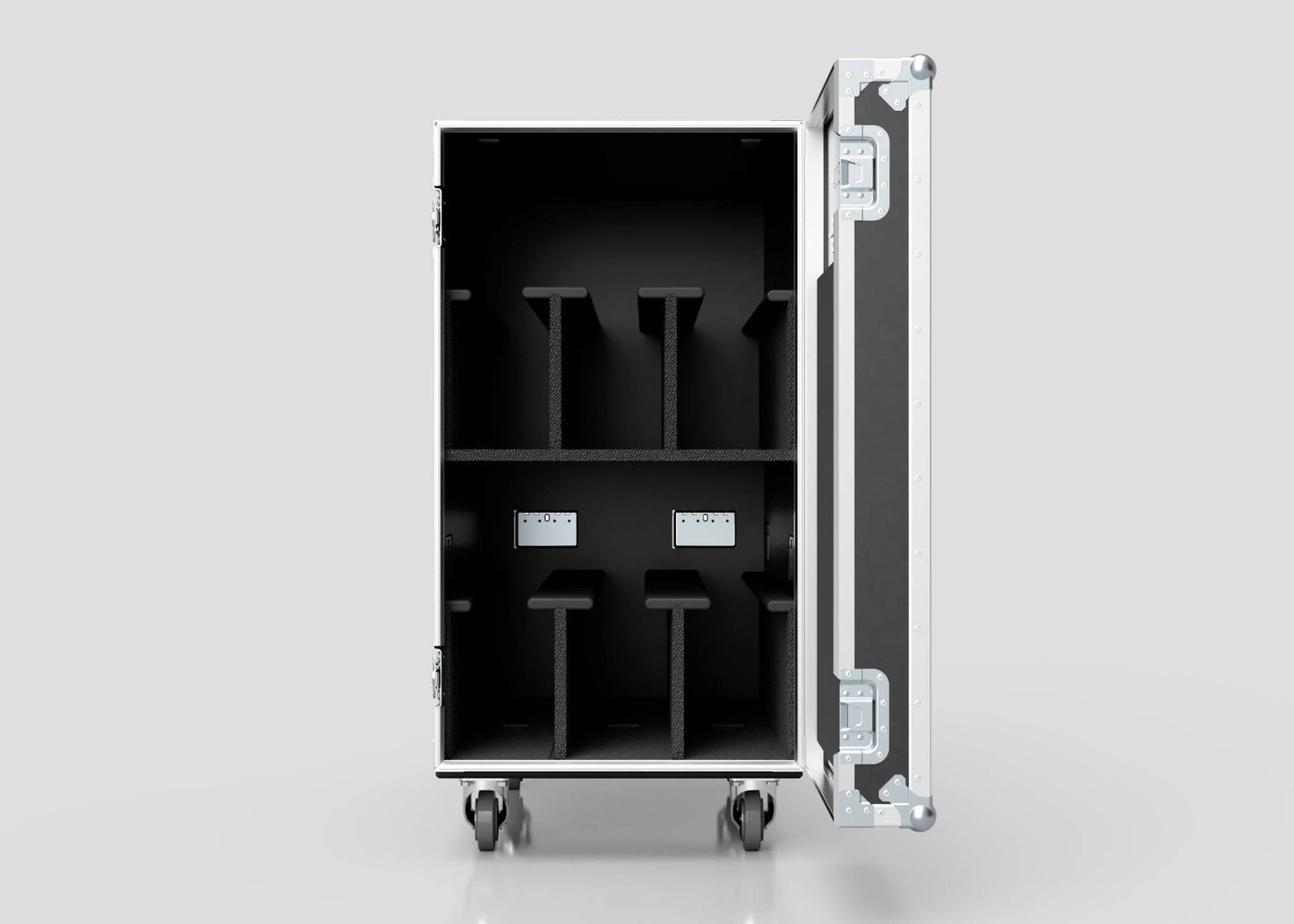 The 6 Way COLORado PXL Curve 12 Case is a metal equipment case with foam dividers and caster wheels, shown open and empty. Its external dimensions are 1220 x 600 x 1169 mm, perfect for storing and transporting various items.