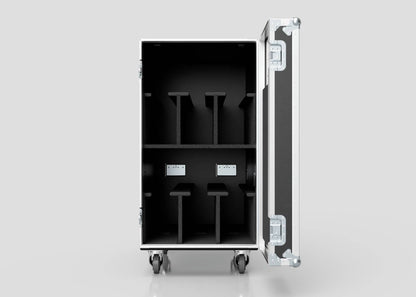 The 6 Way COLORado PXL Curve 12 Case is a metal equipment case with foam dividers and caster wheels, shown open and empty. Its external dimensions are 1220 x 600 x 1169 mm, perfect for storing and transporting various items.