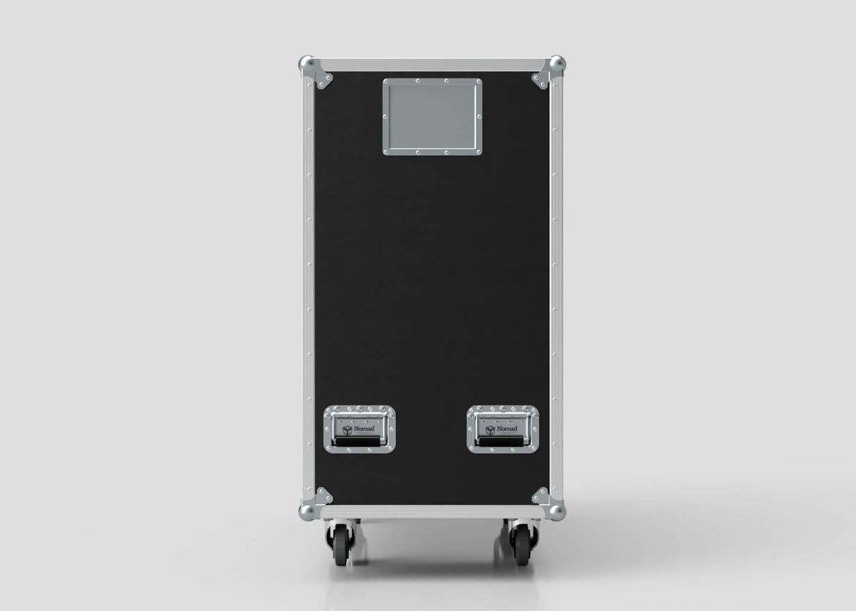 The 6 Way COLORado PXL Curve 12 Case is a black, rectangular equipment case with metal edges, two latches, a handle, and four wheels, shown from the front. Its external dimensions are 1220 x 600 x 1169 mm.
