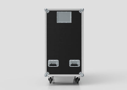 The 6 Way COLORado PXL Curve 12 Case is a black, rectangular equipment case with metal edges, two latches, a handle, and four wheels, shown from the front. Its external dimensions are 1220 x 600 x 1169 mm.