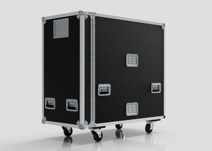 The 6 Way COLORado PXL Curve 12 Case is a large black equipment case with metal edges, handles, and four caster wheels for transporting or storing gear. Its external dimensions are 1220 x 600 x 1169 mm.