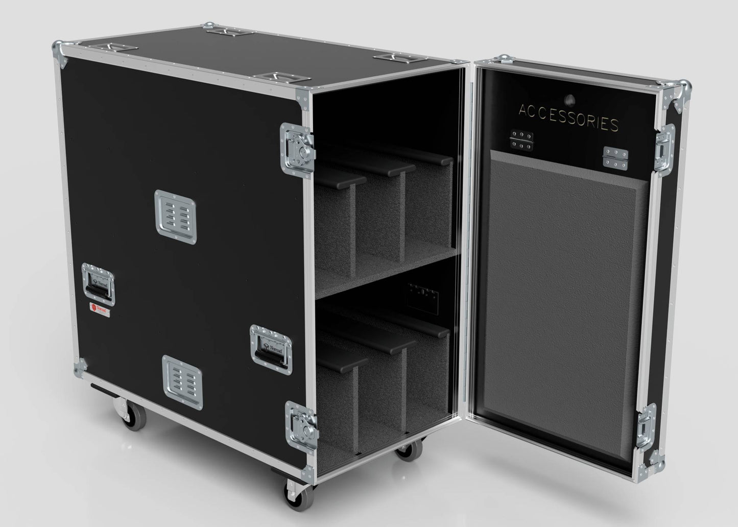 The 6 Way COLORado PXL Curve 12 Case is a black wheeled storage case with an open door displaying padded compartments and an ACCESSORIES label inside. Its external dimensions are 1220 x 600 x 1169 mm.