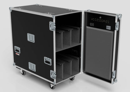 The 6 Way COLORado PXL Curve 12 Case is a black wheeled storage case with an open door displaying padded compartments and an ACCESSORIES label inside. Its external dimensions are 1220 x 600 x 1169 mm.