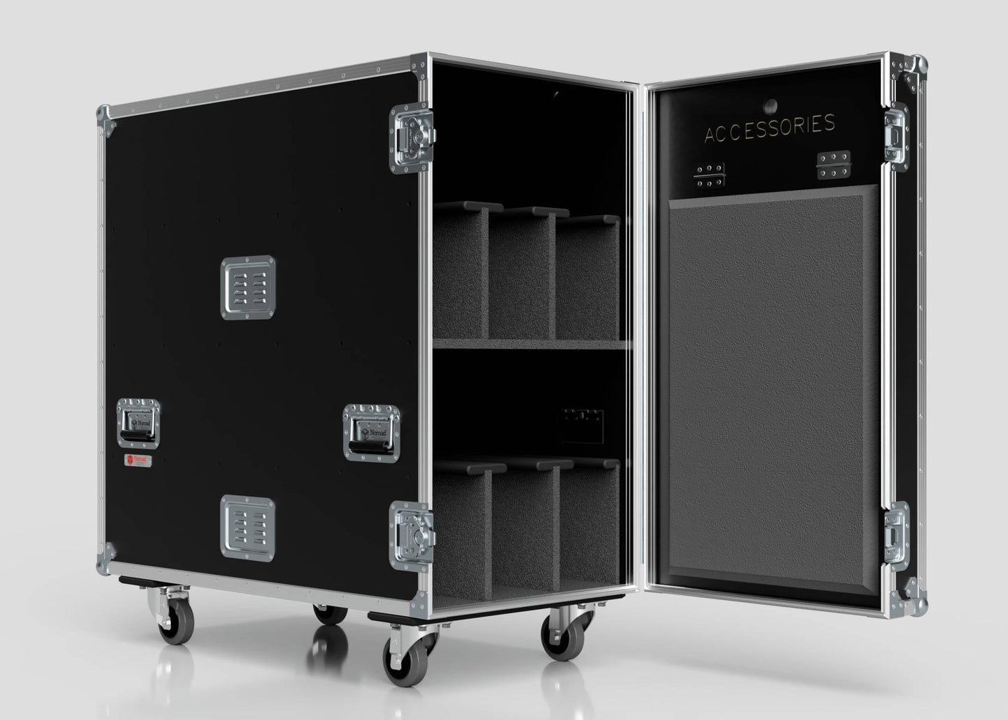 The 6 Way COLORado PXL Curve 12 Case is a black rolling storage case with metal edges, open to show foam dividers and an ACCESSORIES panel inside the door. Its external dimensions are 1220 x 600 x 1169 mm.