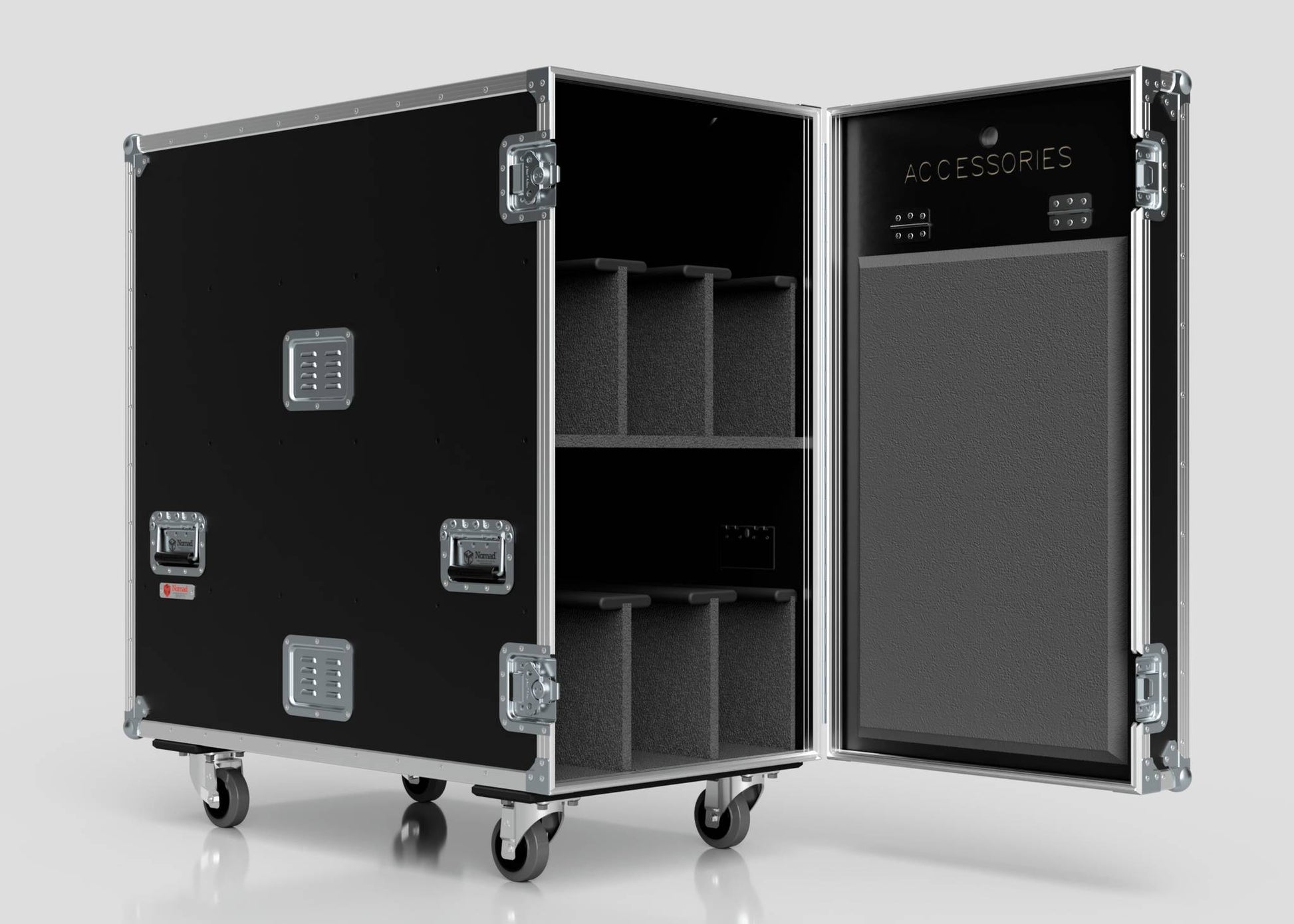 The 6 Way COLORado PXL Curve 12 Case is a black rolling storage case with metal edges, open to show foam dividers and an ACCESSORIES panel inside the door. Its external dimensions are 1220 x 600 x 1169 mm.
