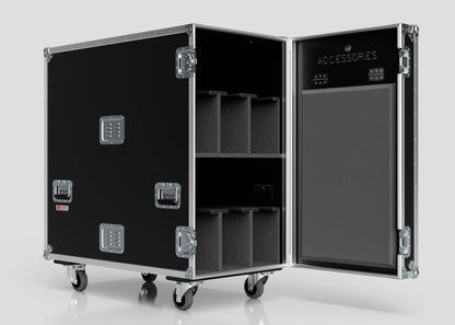 The 6 Way COLORado PXL Curve 12 Case is a black rolling storage case with metal edges, open to show foam dividers and an ACCESSORIES panel inside the door. Its external dimensions are 1220 x 600 x 1169 mm.
