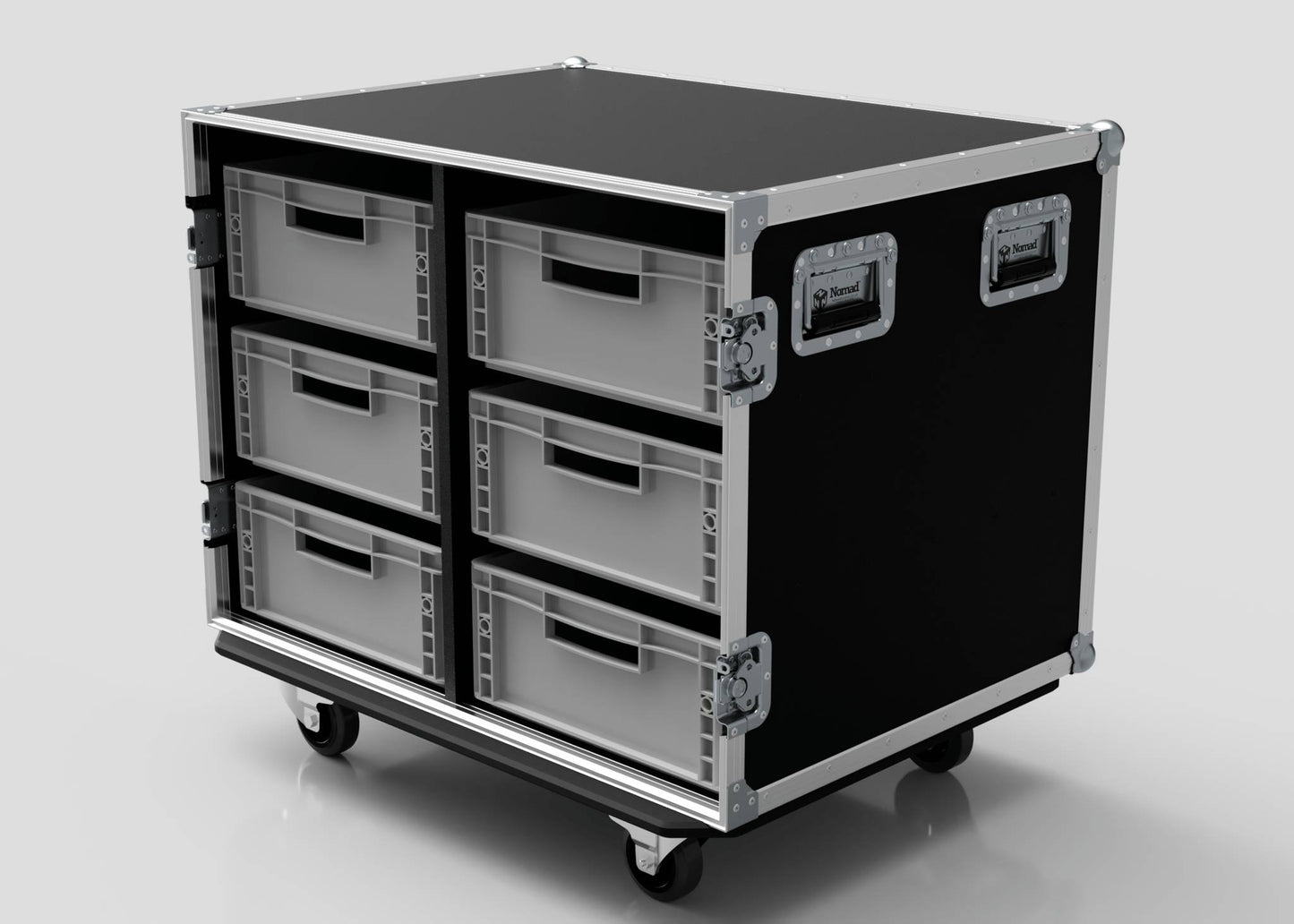 The 6 Way Euro Crate Case is a black rolling storage case with metal edges, six grey food-grade polypropylene euro crates as pull-out drawers, and side handles, displayed on a white background.
