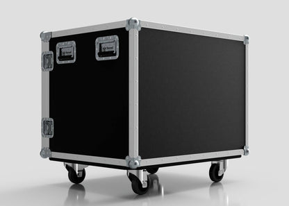 A 6 Way Euro Crate Case, featuring metal edges, handles, and four high load caster wheels, stands on a plain light background.