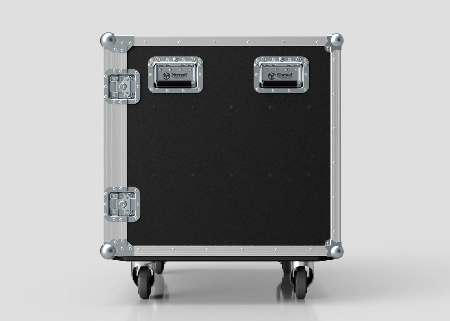 The 6 Way Euro Crate Case is a black road case with metal corners and trim, two handles, and four caster wheels, designed for high load capacity, shown standing upright against a plain background.