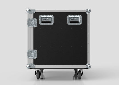 The 6 Way Euro Crate Case is a black road case with metal corners and trim, two handles, and four caster wheels, designed for high load capacity, shown standing upright against a plain background.
