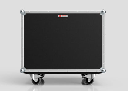 The 6 Way Euro Crate Case is a black rectangular road case with metal edges, reinforced corners, and four caster wheels, highlighting its high load capacity against a plain light gray background.
