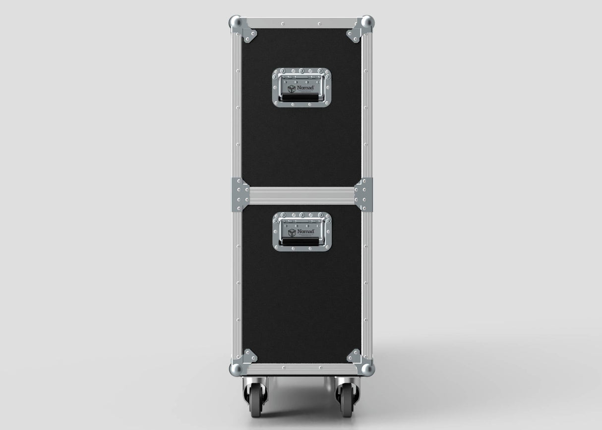 A 60" Double Screen Case, featuring a black rectangular design with metal edges and handles, is stacked on wheels against a plain light background.