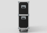 A 60" Double Screen Case, featuring a black rectangular design with metal edges and handles, is stacked on wheels against a plain light background.