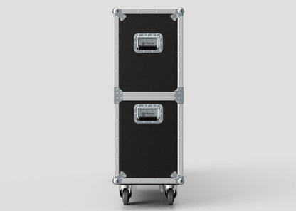 A 60" Double Screen Case, featuring a black rectangular design with metal edges and handles, is stacked on wheels against a plain light background.