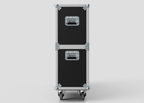A 60" Double Screen Case, featuring a black rectangular design with metal edges and handles, is stacked on wheels against a plain light background.