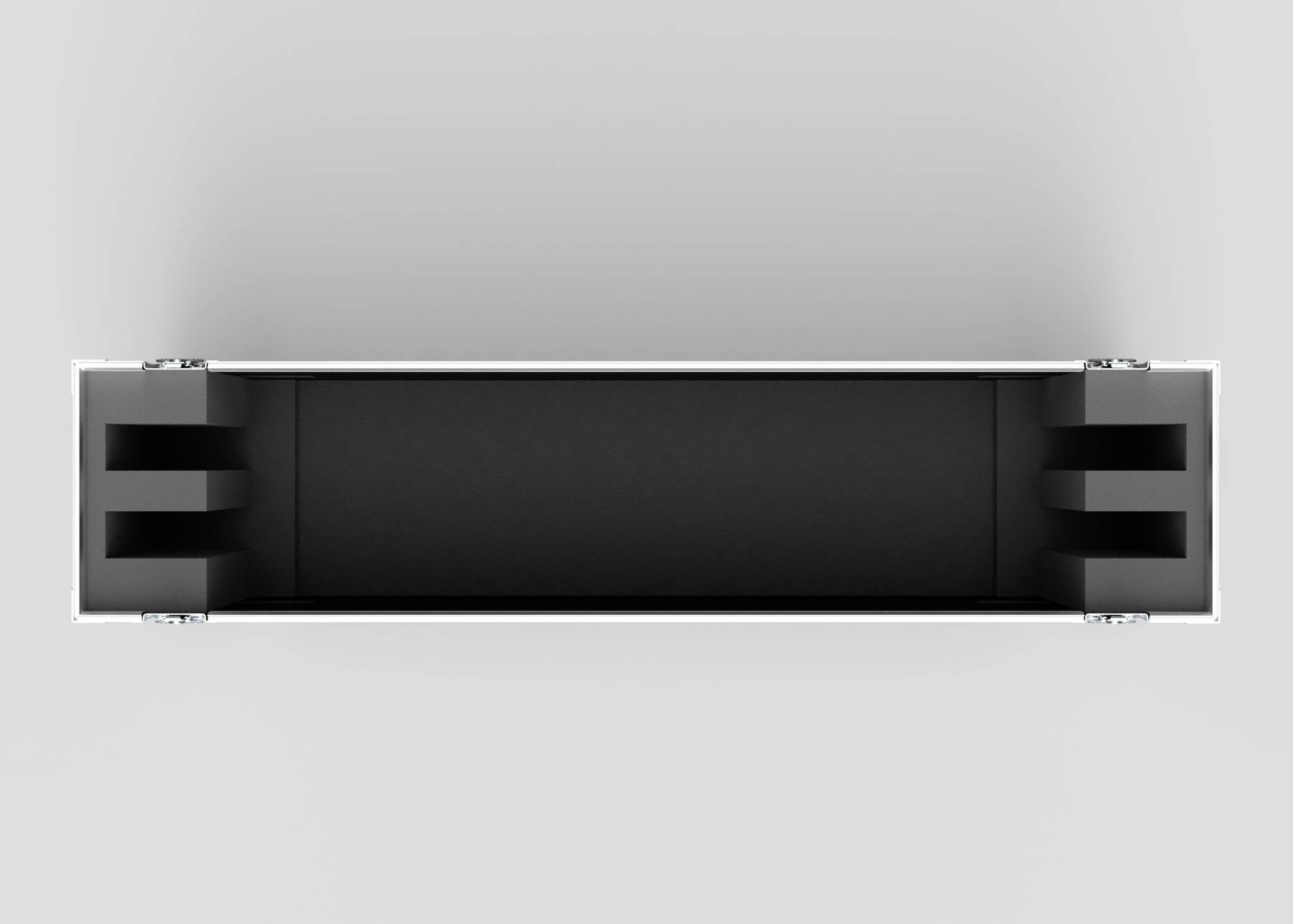 Top-down view of an empty 60" Double Screen Case, rectangular and black, with foam padding on each side, set against a plain light background.