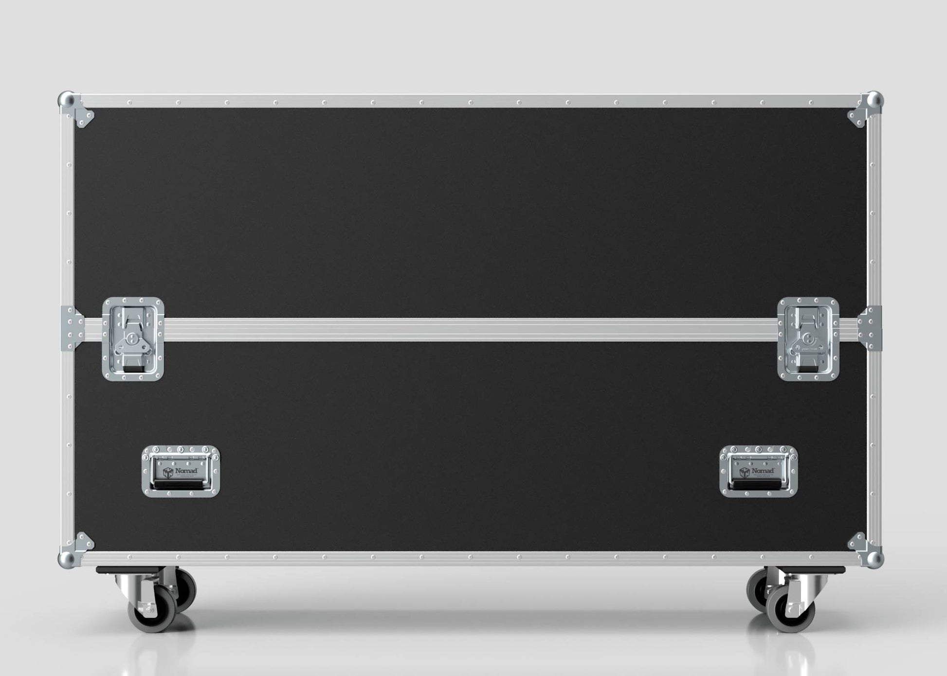 The 60" Double Screen Case is a large black equipment case with metal edges and latches, mounted on four caster wheels and shown against a plain light background.