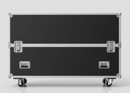The 60" Double Screen Case is a large black equipment case with metal edges and latches, mounted on four caster wheels and shown against a plain light background.