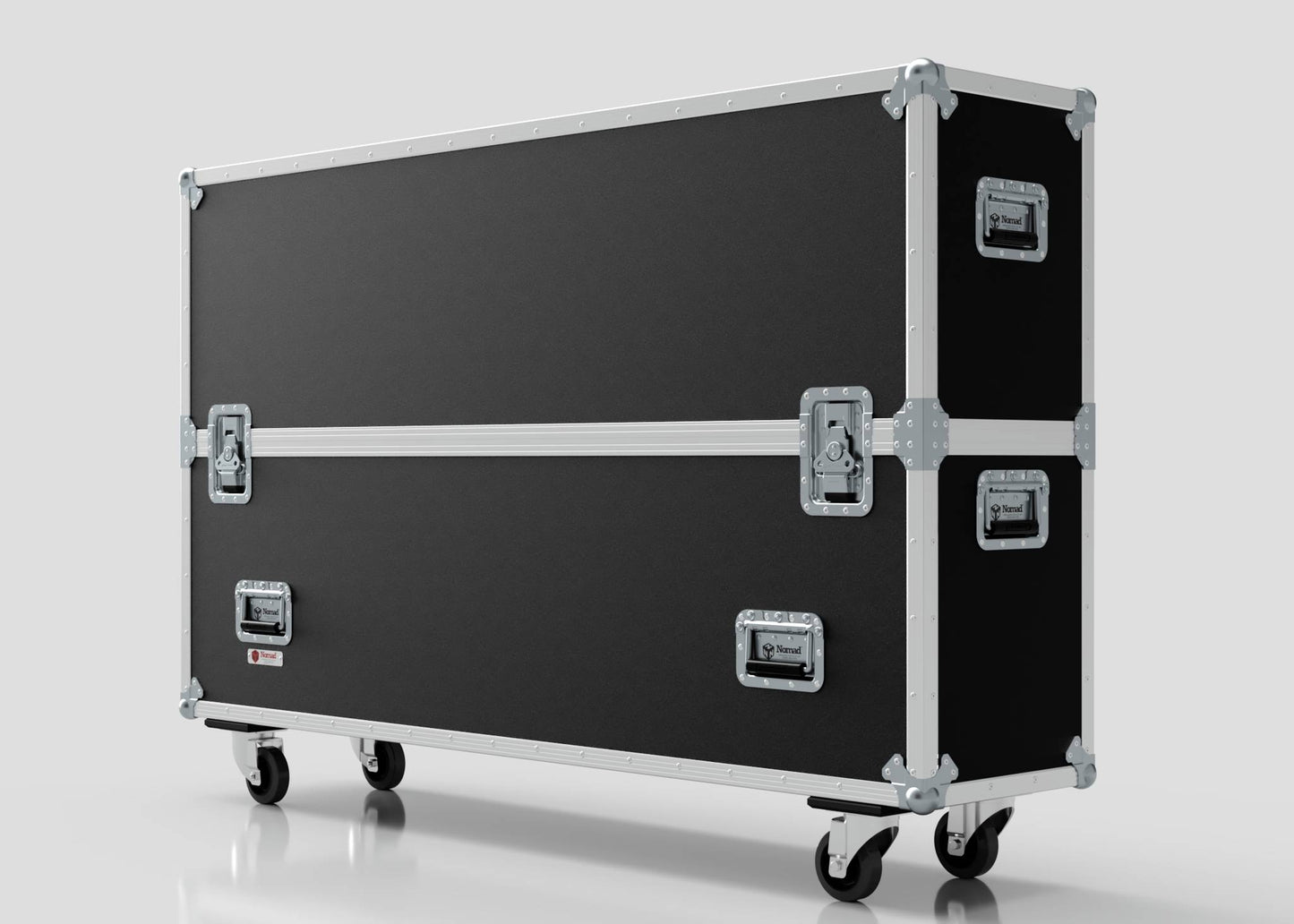 A 60" Double Screen Case—large, black, rectangular with metal edges, handles, latches, and four wheels—shown on a white background.