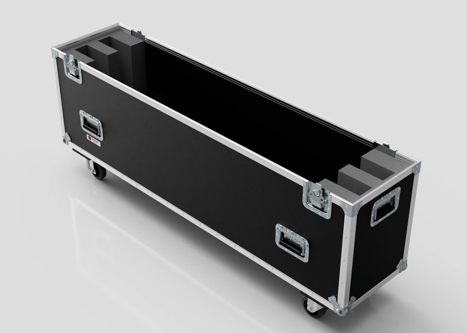 60" Double Screen Case—black, rectangular, with foam padding, metal edges, handles, and wheels—displayed on a white background.