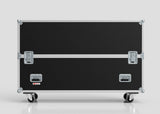 A 60" Double Screen Case in black, rectangular with metal edges, latches, and handles, stands on four caster wheels against a plain background.