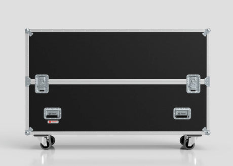 A 60" Double Screen Case in black, rectangular with metal edges, latches, and handles, stands on four caster wheels against a plain background.