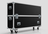 A 60" Double Screen Case, large and black with metal edges, handles, and latches, stands on four caster wheels against a plain background.