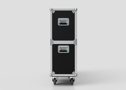The 60" Single Screen Case is a tall black equipment case with metal edges and corners, two handles, and four caster wheels, shown upright on a white background.
