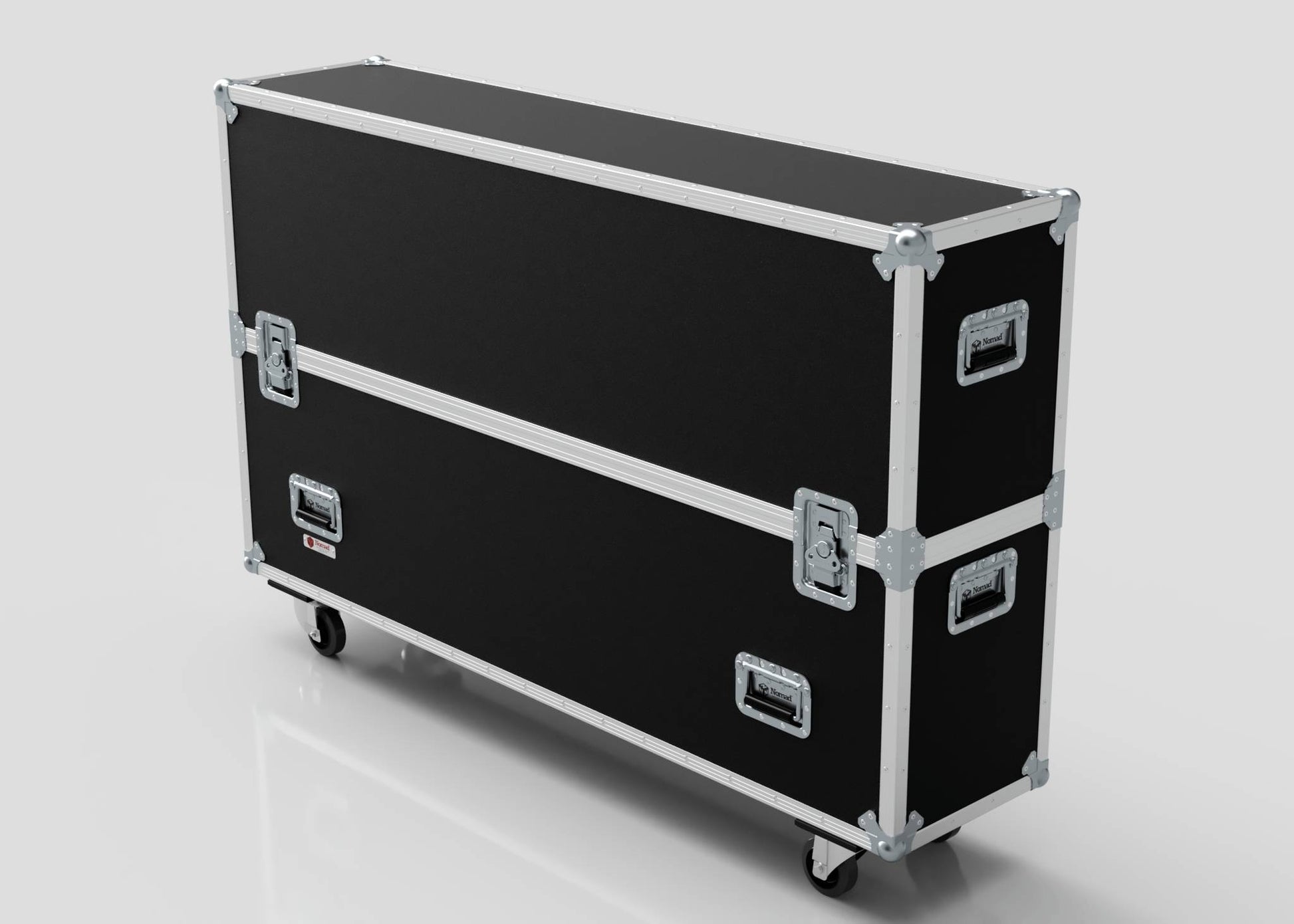 The 60" Single Screen Case is a large black rectangular case with silver metal edges, handles, and latches, mounted on four caster wheels, shown against a plain background.