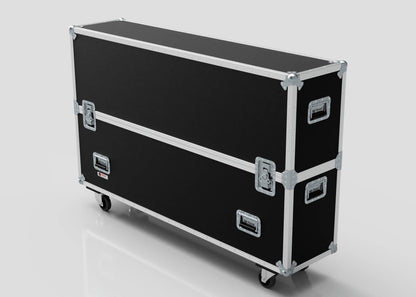 The 60" Single Screen Case is a large black rectangular case with silver metal edges, handles, and latches, mounted on four caster wheels, shown against a plain background.