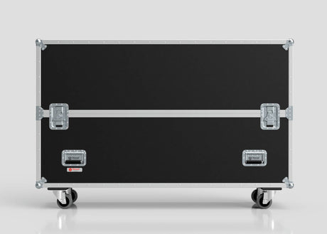 The 60" Single Screen Case is a large black and silver equipment case with metal edges, two latches, and four caster wheels, shown on a plain white background.