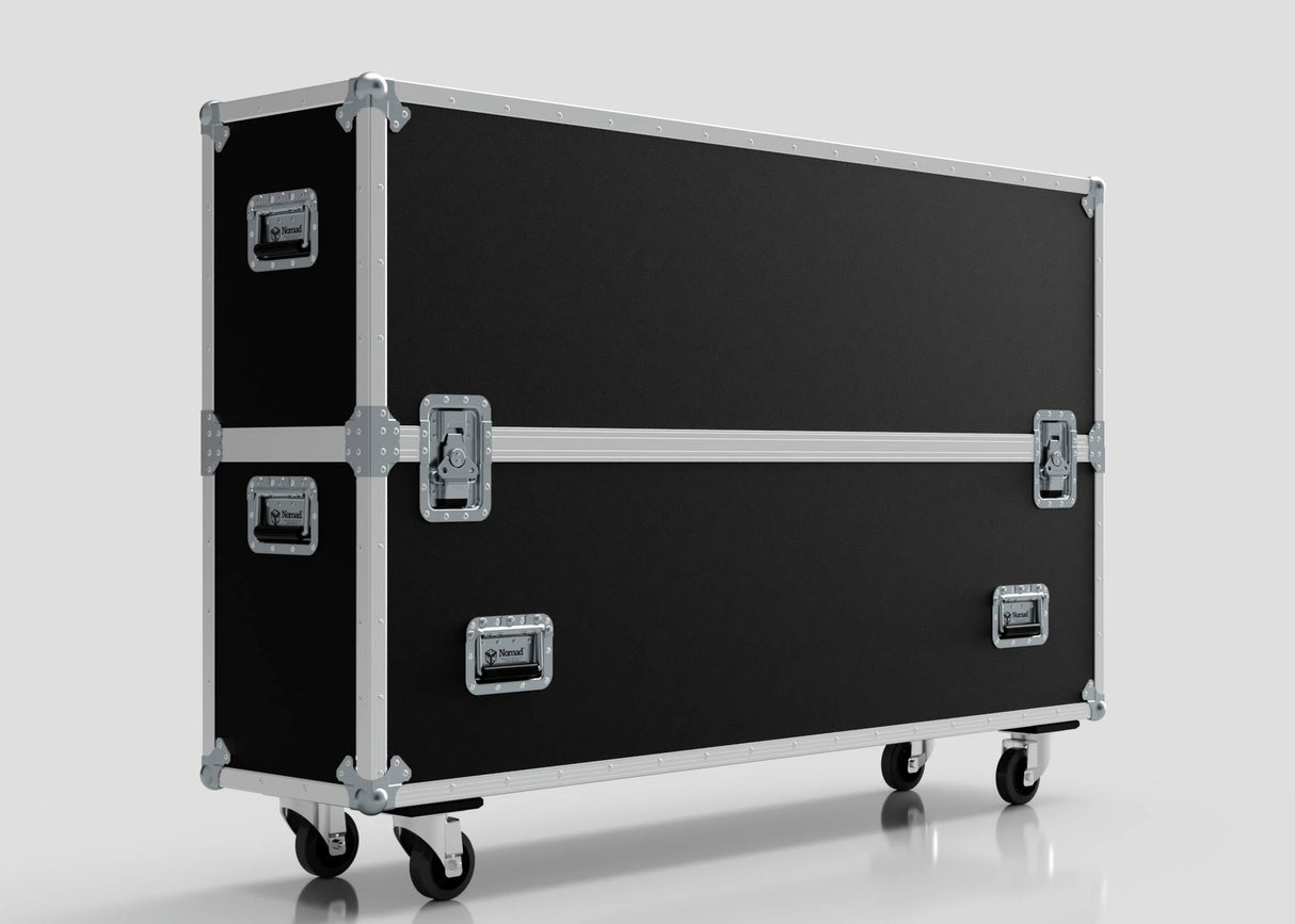 The 60" Single Screen Case is a black rectangular road case with metal corners, handles, and latches, standing on four caster wheels against a plain light background.
