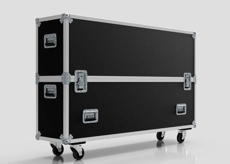 The 60" Single Screen Case is a black rectangular road case with metal corners, handles, and latches, standing on four caster wheels against a plain light background.