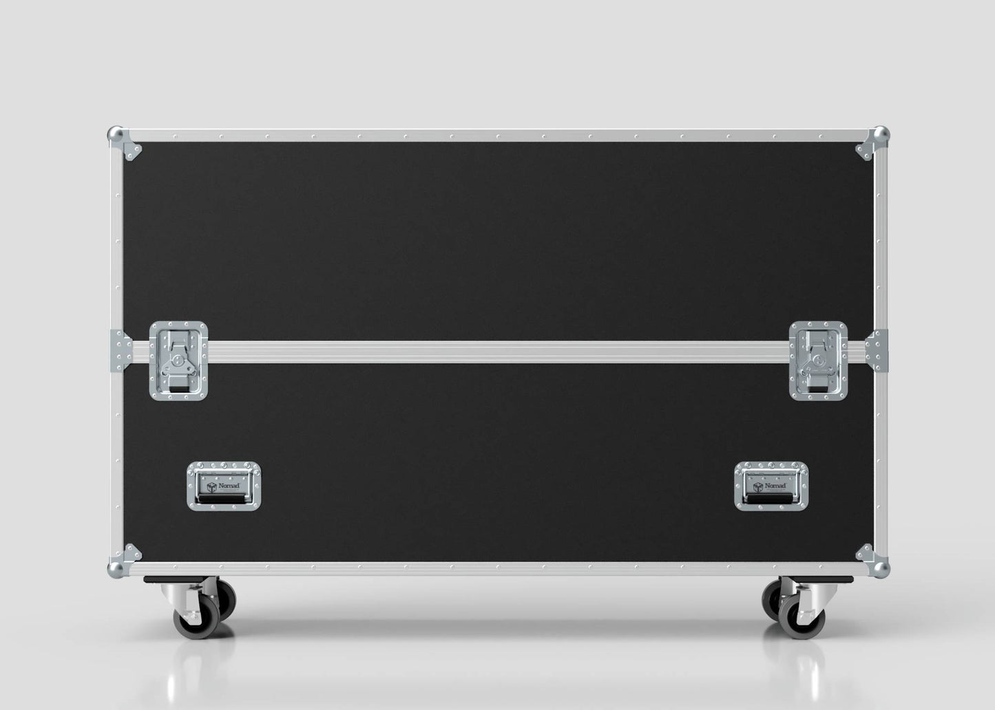 The 60" Single Screen Case is a large black equipment case with metal edges, handles, and wheels, shown from the front against a plain light gray background.