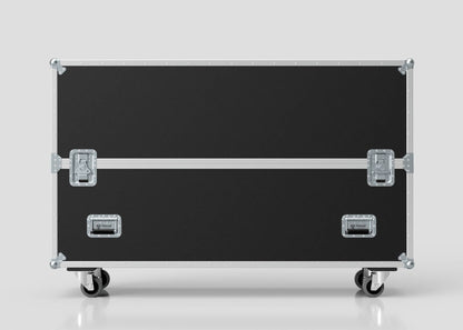 The 60" Single Screen Case is a large black equipment case with metal edges, handles, and wheels, shown from the front against a plain light gray background.
