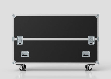 The 60" Single Screen Case is a large black equipment case with metal edges, handles, and wheels, shown from the front against a plain light gray background.