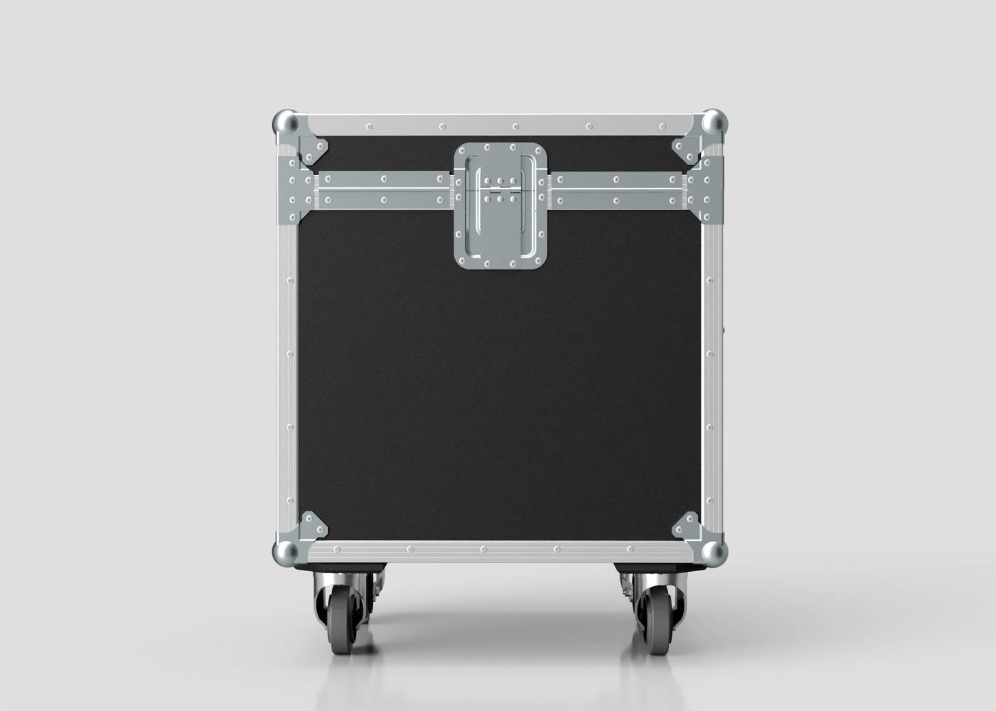 The 600mm Trunk Case is a black and silver metal equipment case with reinforced corners and rivets, shown front-facing on four caster wheels against a plain background. Its external dimensions are 625 x 607 x 765 mm.