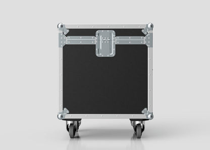 The 600mm Trunk Case is a black and silver metal equipment case with reinforced corners and rivets, shown front-facing on four caster wheels against a plain background. Its external dimensions are 625 x 607 x 765 mm.