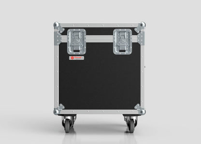 The 600mm Trunk Case, shown in black and silver with metal reinforcements, features two top latches, four caster wheels, and measures 625 x 607 x 765 mm. It's pictured against a plain white background.