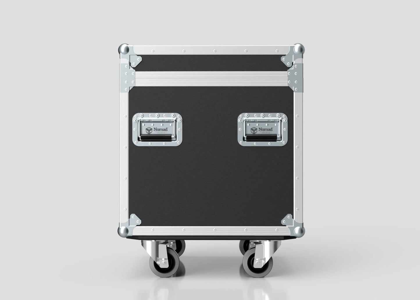 The 600mm Trunk Case is a black and silver equipment case (625 x 607 x 765 mm) with metal edges, corners, two handles, and four caster wheels, shown against a plain light gray background.