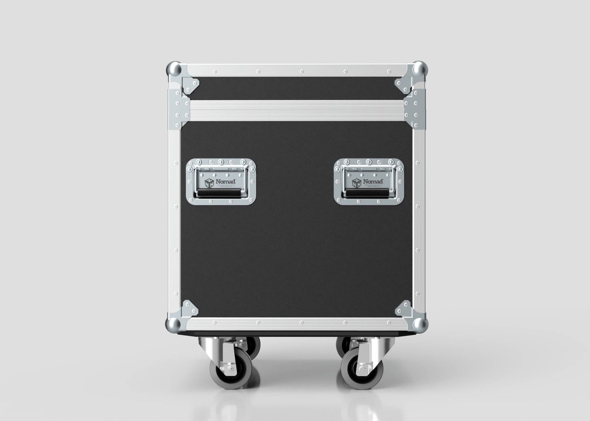 The 600mm Trunk Case is a black and silver equipment case (625 x 607 x 765 mm) with metal edges, corners, two handles, and four caster wheels, shown against a plain light gray background.