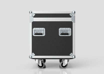 The 600mm Trunk Case is a black and silver equipment case (625 x 607 x 765 mm) with metal edges, corners, two handles, and four caster wheels, shown against a plain light gray background.