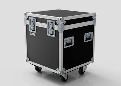 The 600mm Trunk Case, featuring black and silver metal edges, handles, and latches, rests on four casters against a plain background; its external dimensions are 625 x 607 x 765 mm.