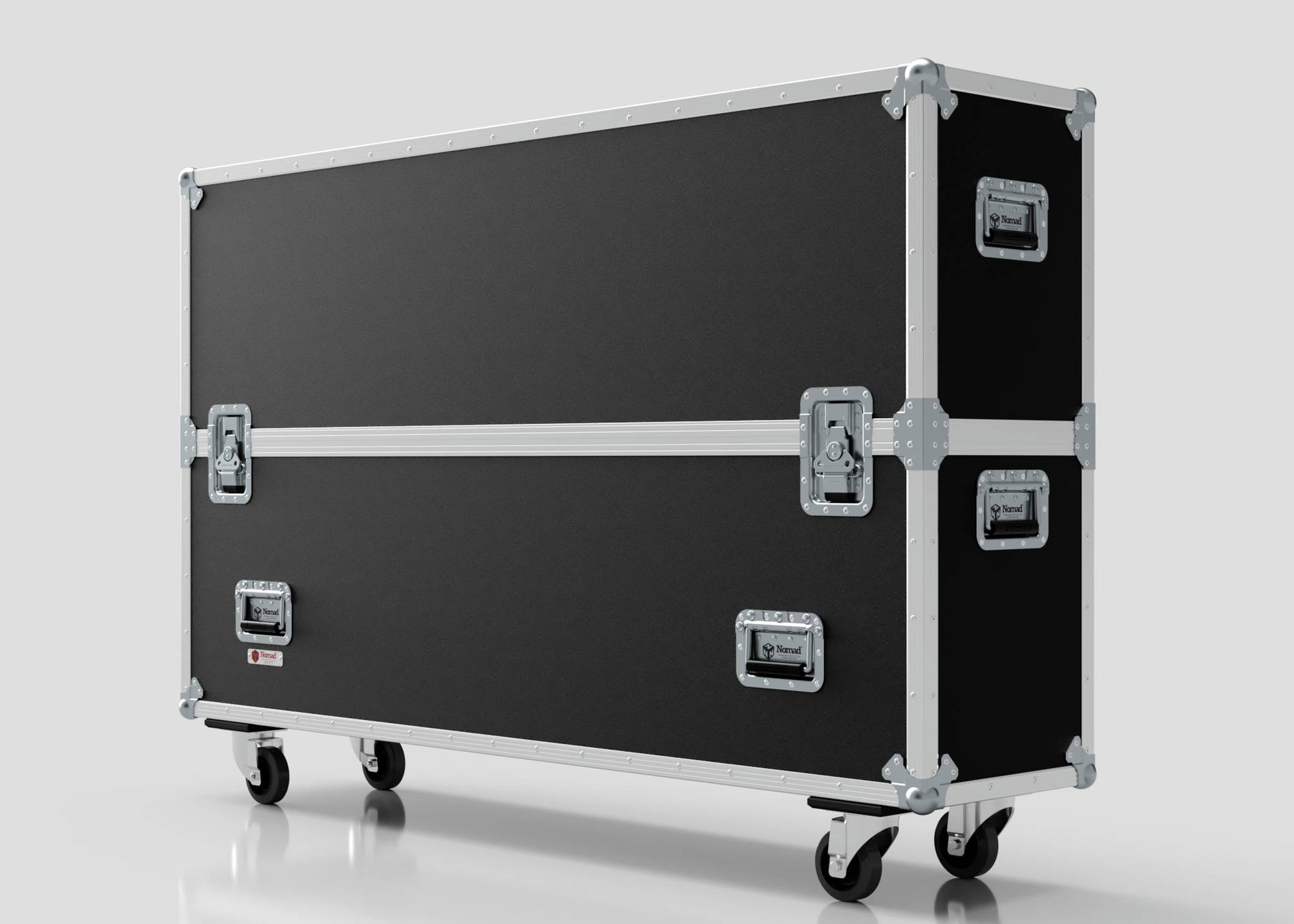 The 65" Double Screen Case, featuring a large black design with metal edges, handles, latches, and four caster wheels, stands against a plain background.